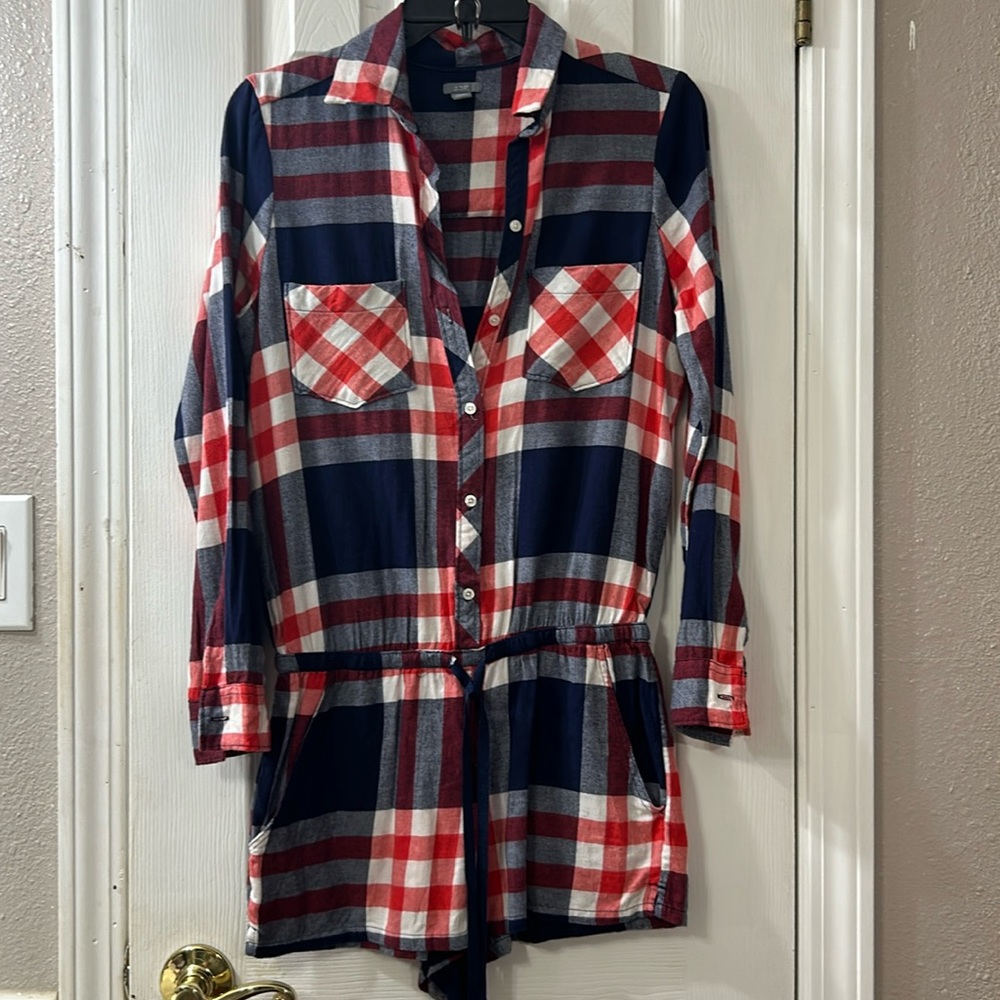 Aerie Small, romper, long sleeves, string around the waist, with pockets, Plaid